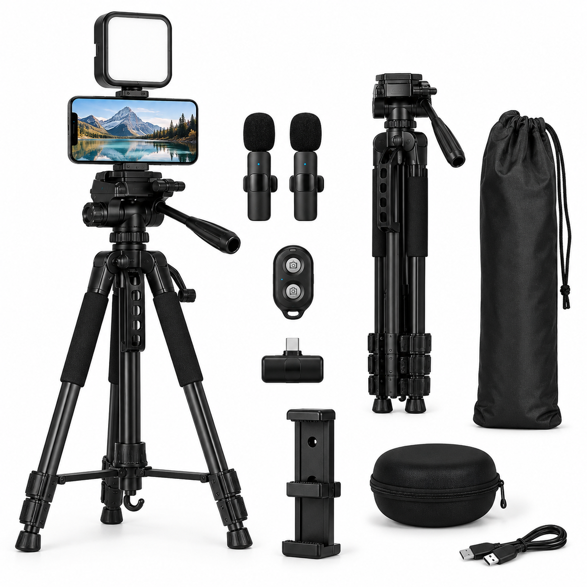 JOUNEN vlogging kit with 140 cm tripod, two wireless microphones, LED light, remote control and accessories
