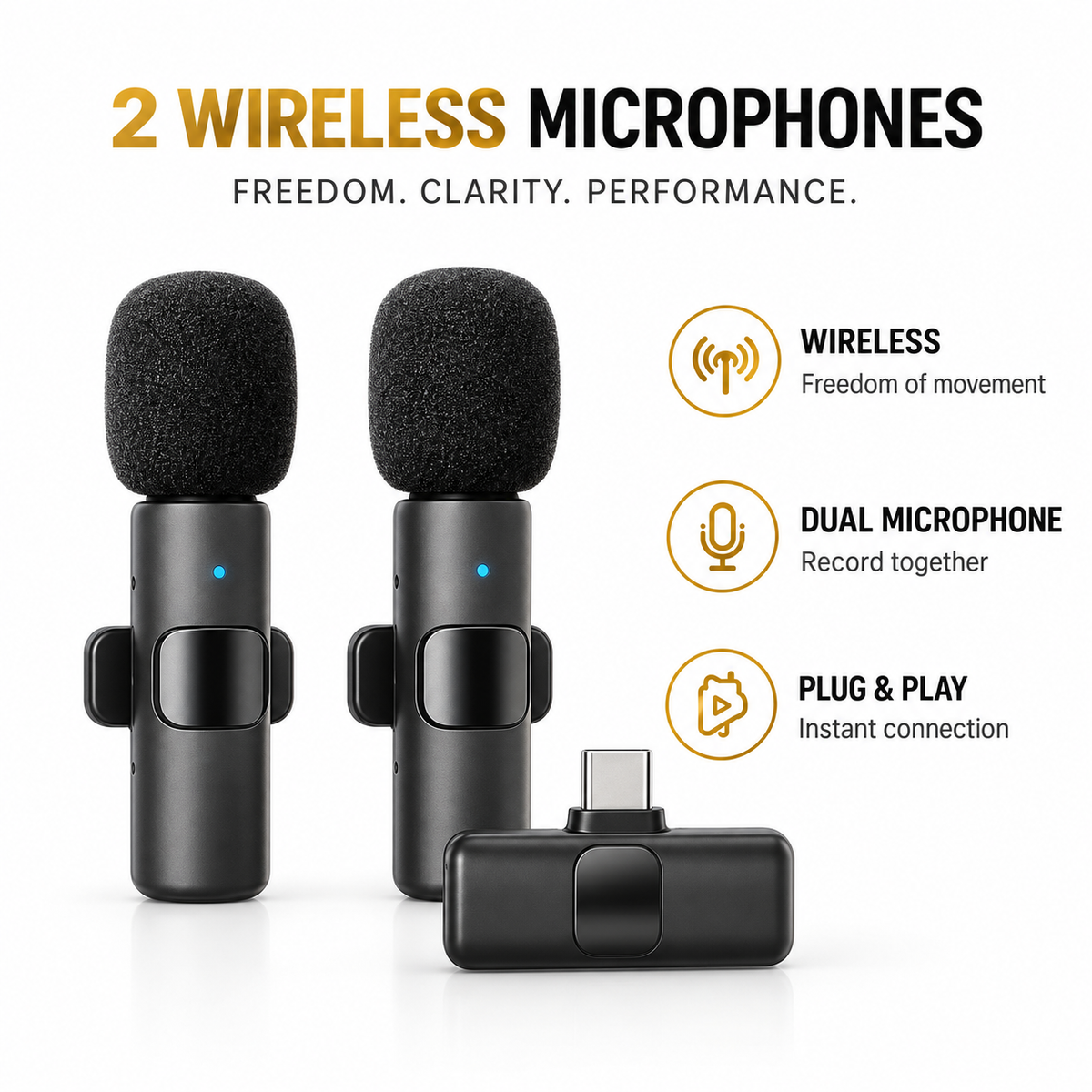Two wireless condenser microphones for smartphone with USB-C receiver and for iPhone with Lightning receiver