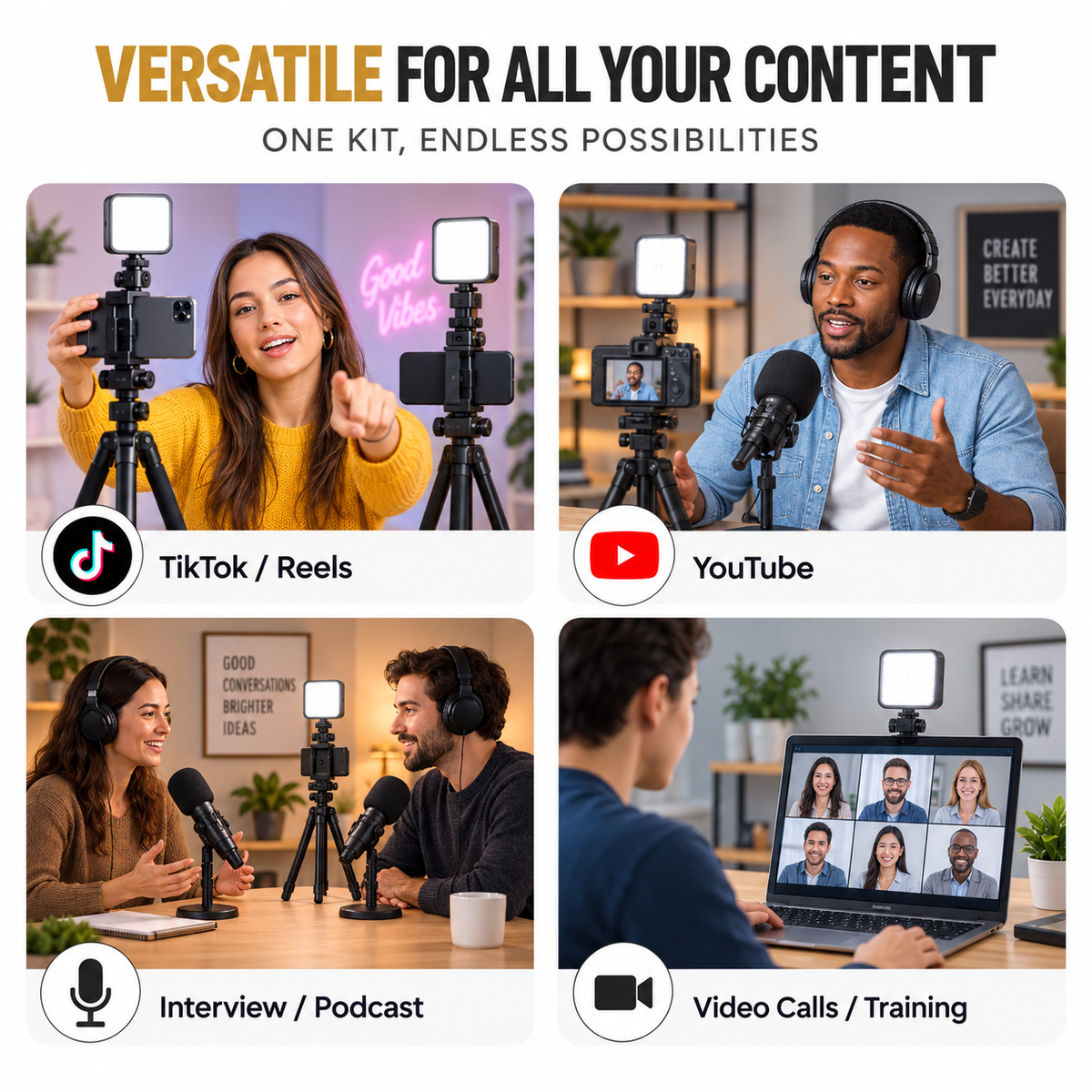 Versatile vlogging kit for TikTok, Reels, YouTube, interviews, podcasts and video calls