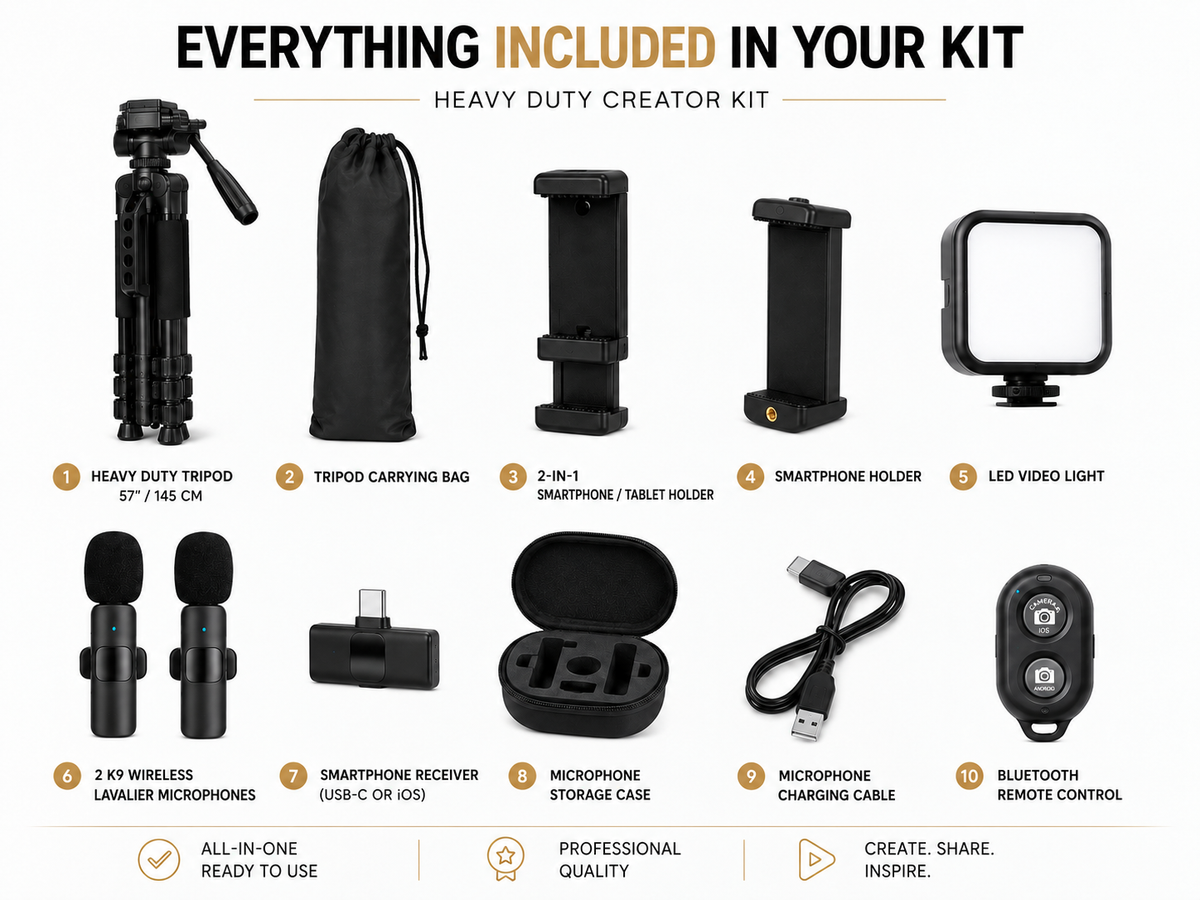 Complete JOUNEN creator kit with tripod, wireless microphones, LED light, smartphone holder, remote control and accessories