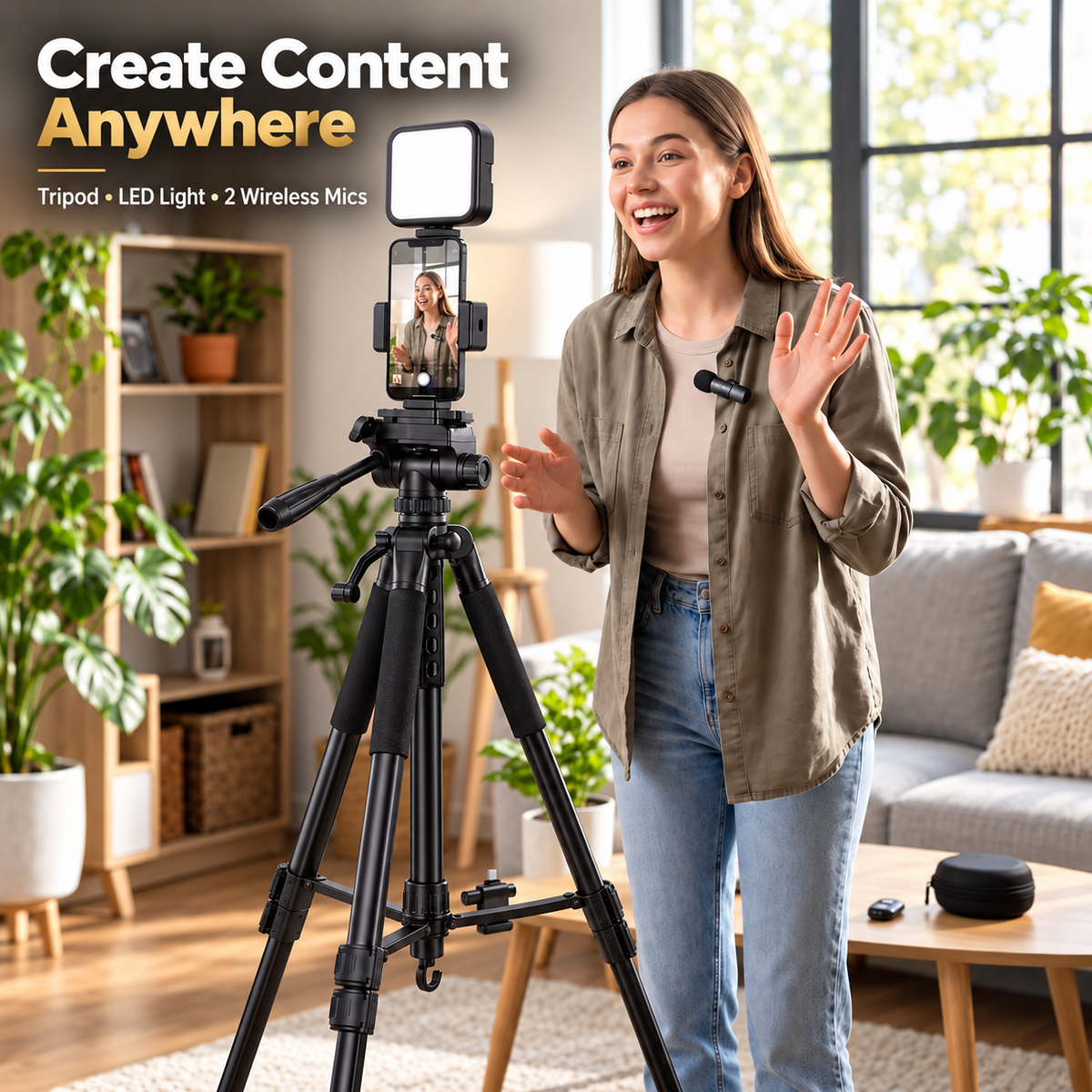 Content creator using a smartphone video kit with a tripod, LED light, and wireless microphone.