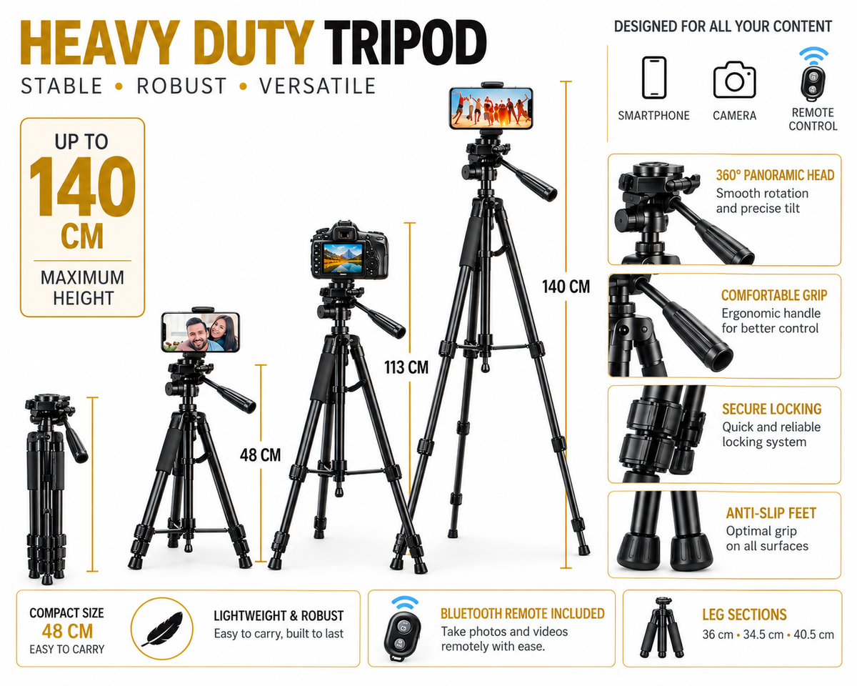 JOUNEN 140 cm Heavy Duty tripod for smartphone and camera with 360-degree panoramic head. Adjustable tripod for horizontal, vertical, high-angle and low-angle shooting
