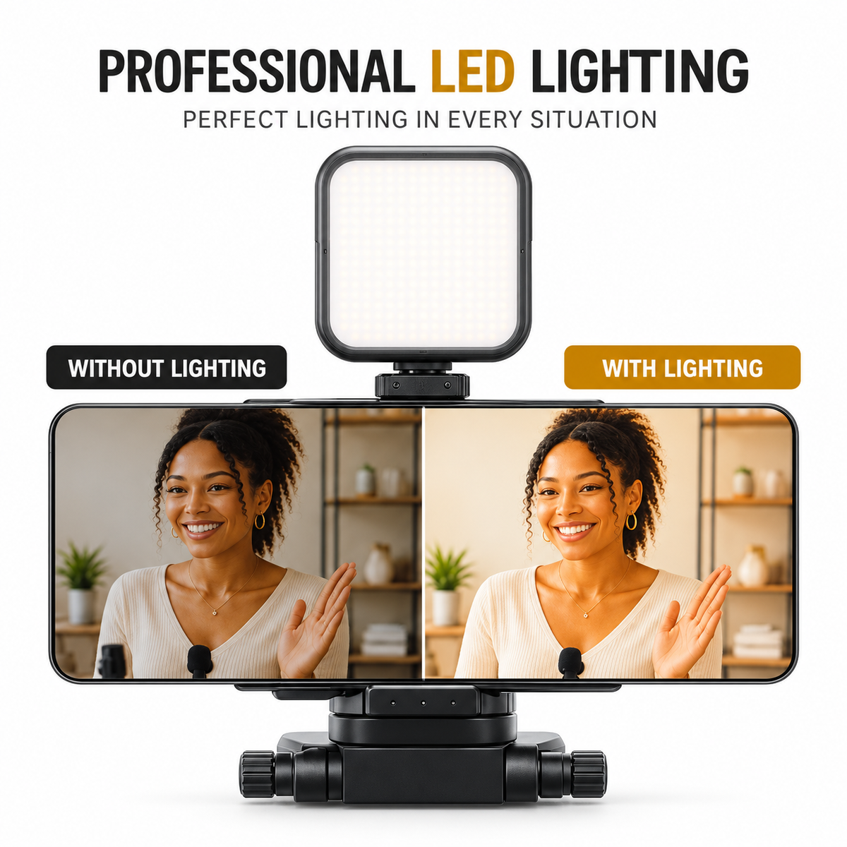 49-LED light for smartphone content creation. Video comparison with and without LED lighting for content creation